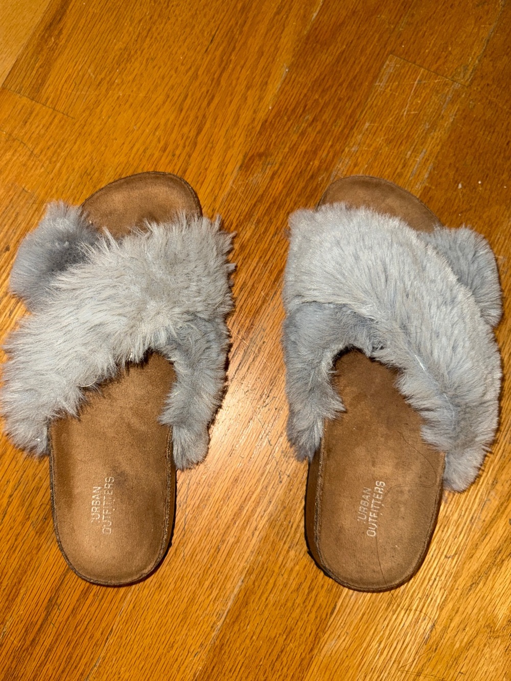 Urban Outfitters Gray Faux Fur Slide Sandals